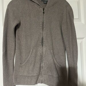 Barefoot Dreams Plush Hooded Zip Cardigan - Light Taupe